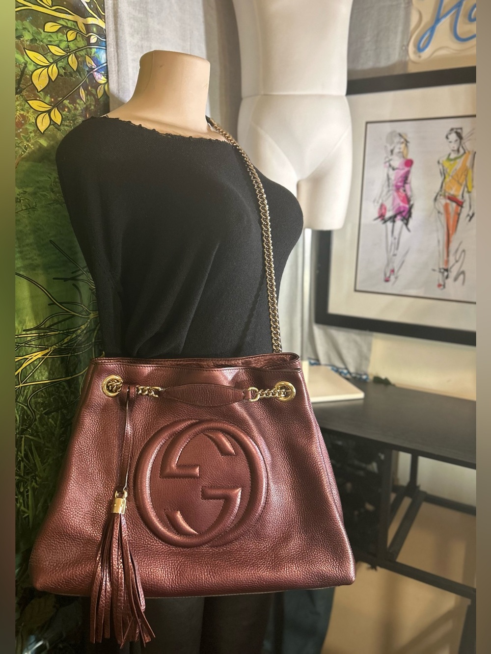 Gucci Metallic Plum Soho Chain Shoulder Leather Authentic Tote Bag~Pre•Loved